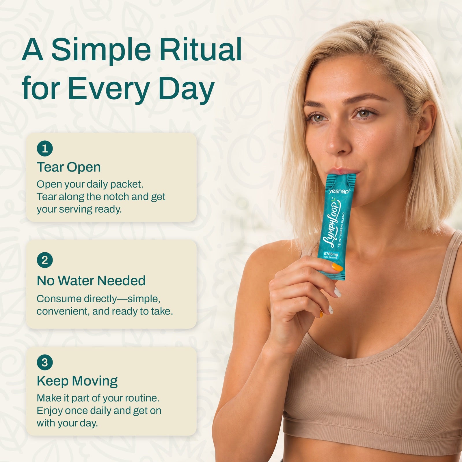 A woman taking a Yesnap liquid stick, lifestyle illustration