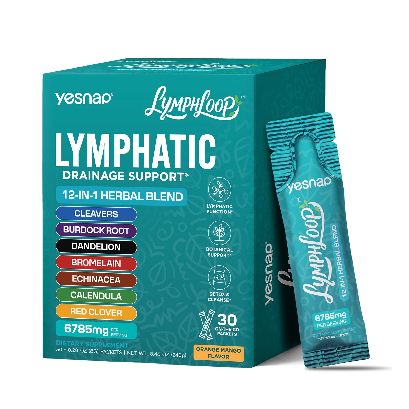 Yesnap Lymphatic Support box and orange-mango packet