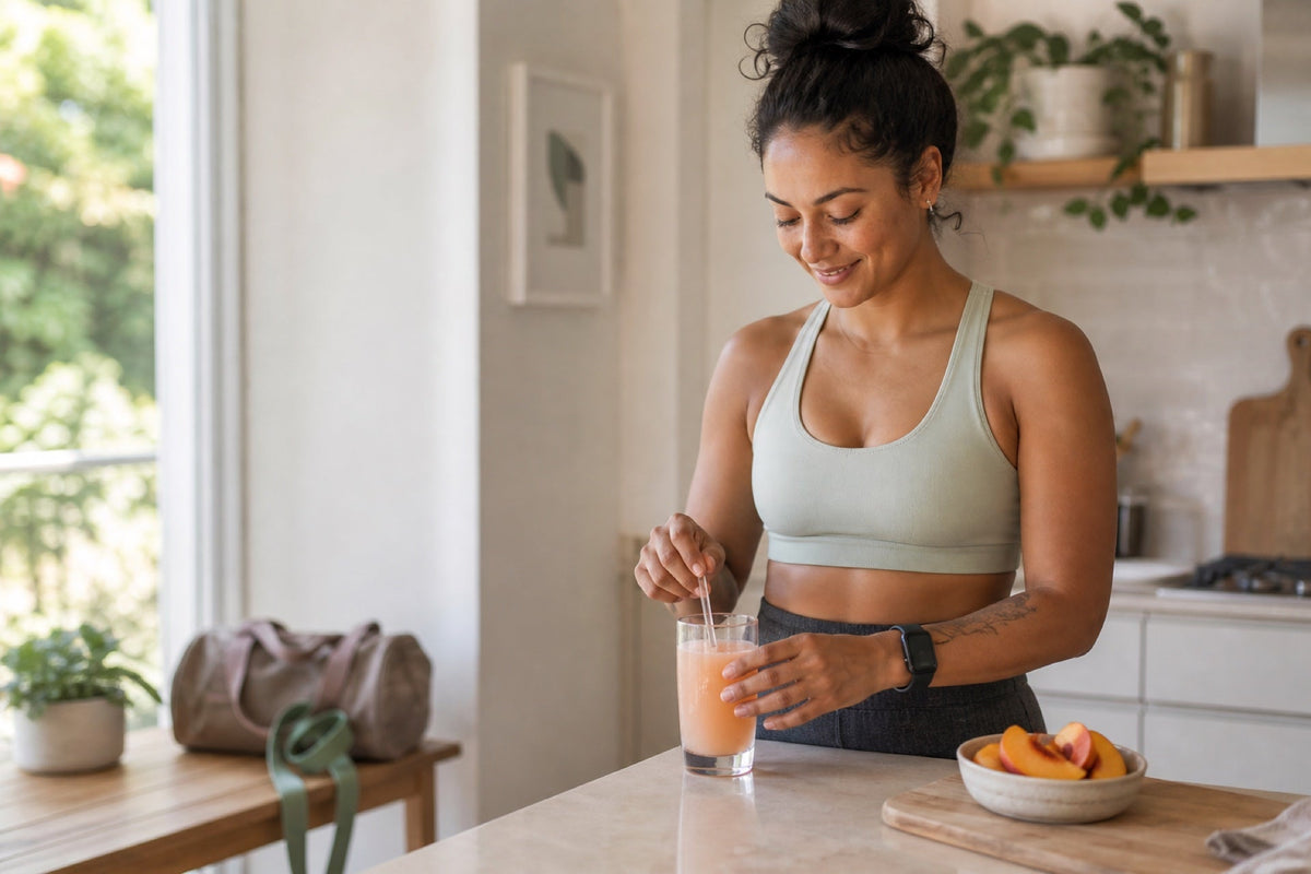 Woman preparing a daily creatine drink for a strength and wellness routine
