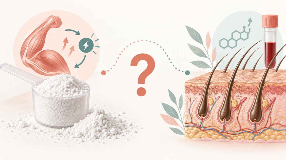 An unbranded scoop of creatine, a question mark, a blood sample, and a cross-section of healthy hair follicles