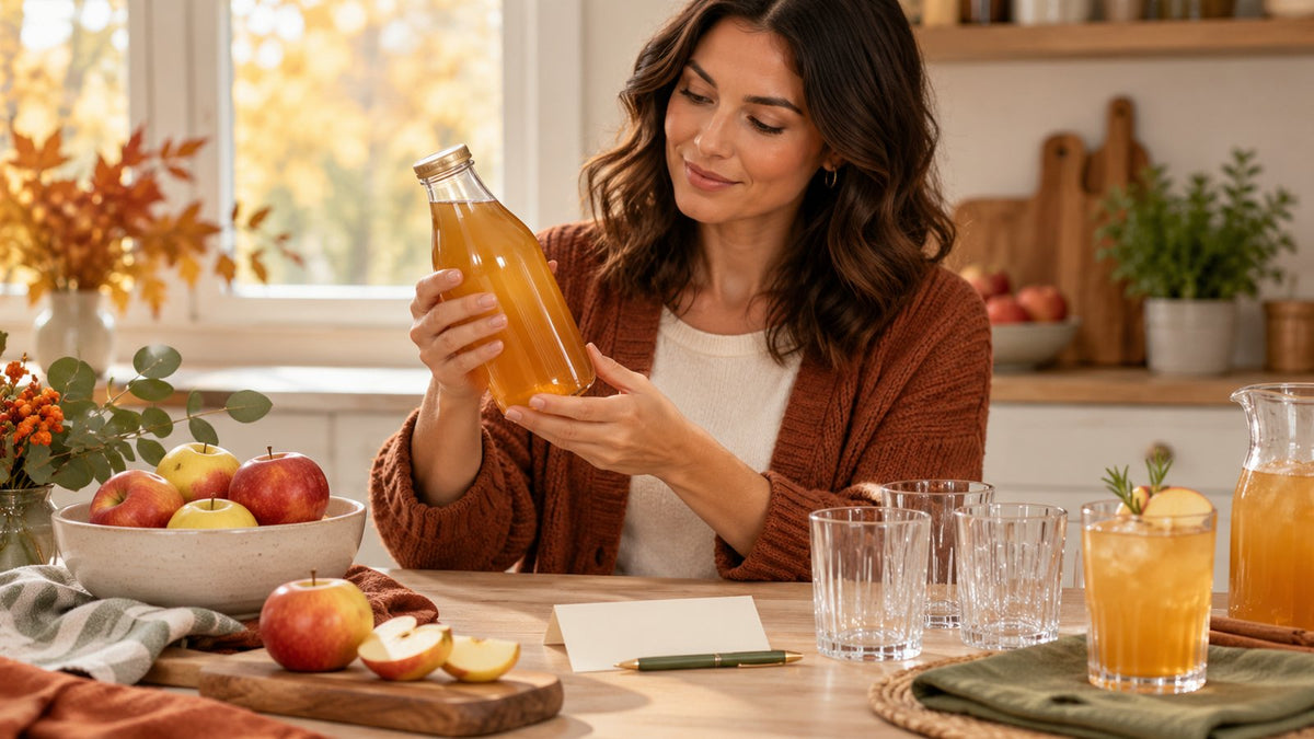 Woman checking an unbranded apple-juice bottle before preparing autumn drinks