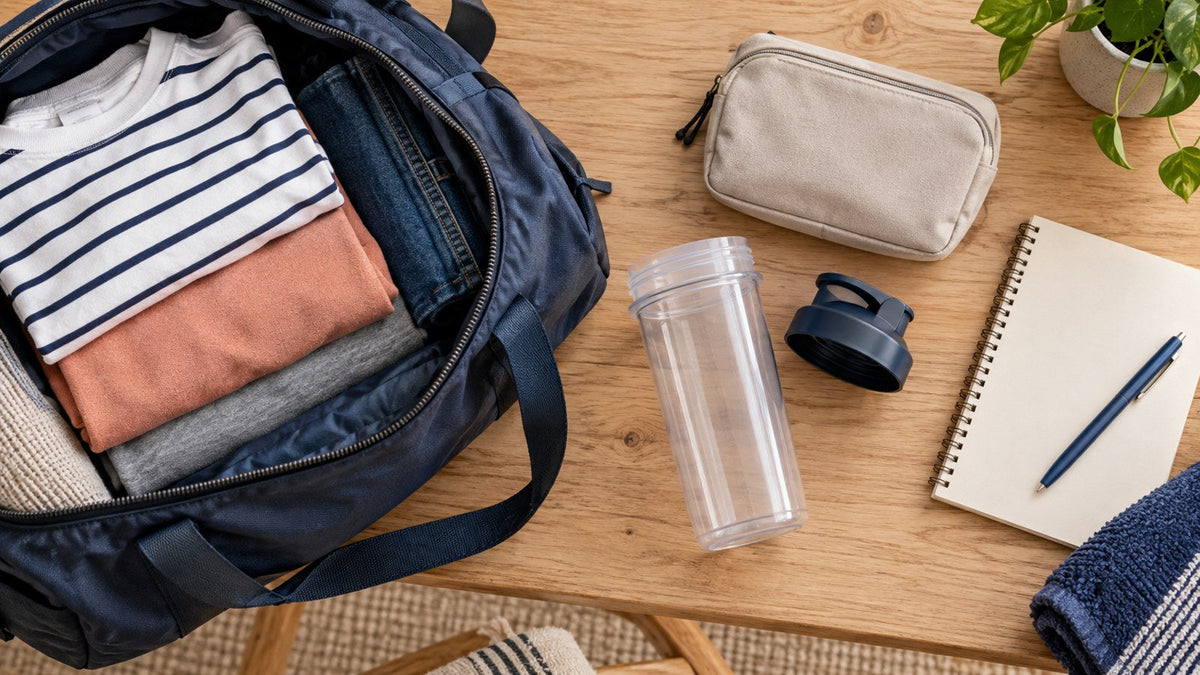 Open travel bag, empty shaker and notebook arranged for pre-trip planning