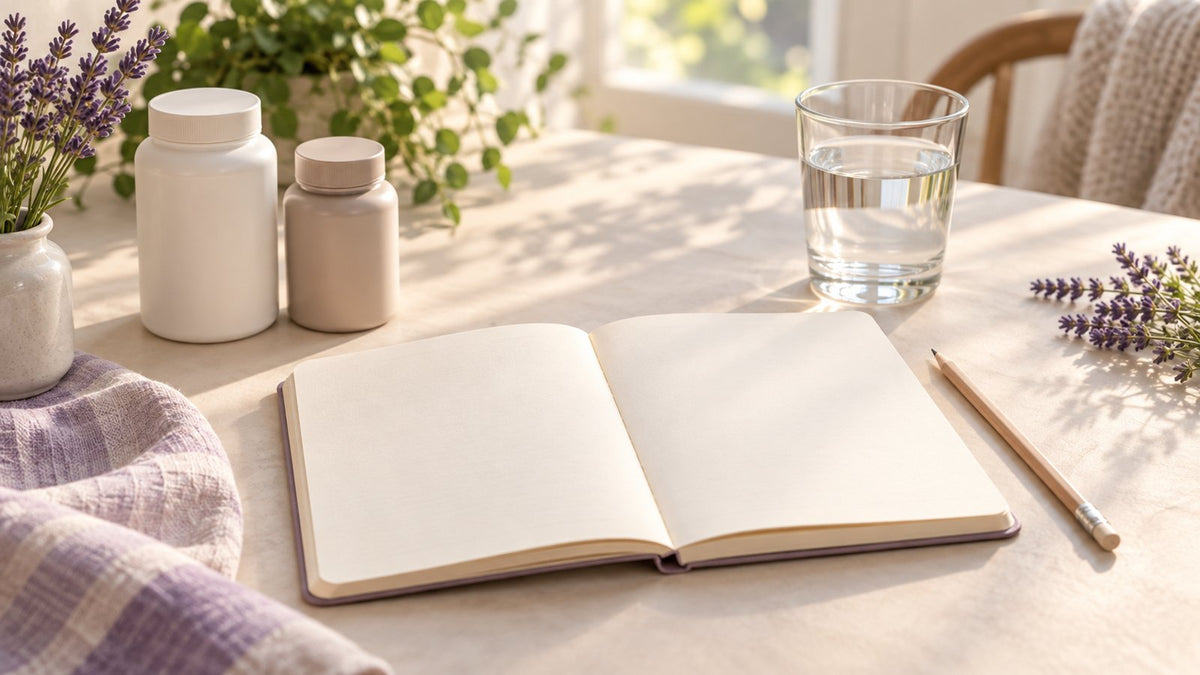 A blank notebook, water and unlabelled containers ready for an iron and magnesium label review