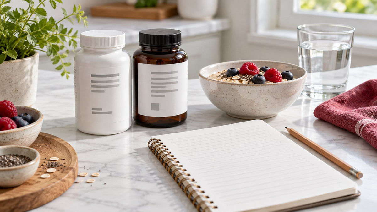 Two generic containers and a notebook for checking magnesium and vitamin D labels before combining supplements