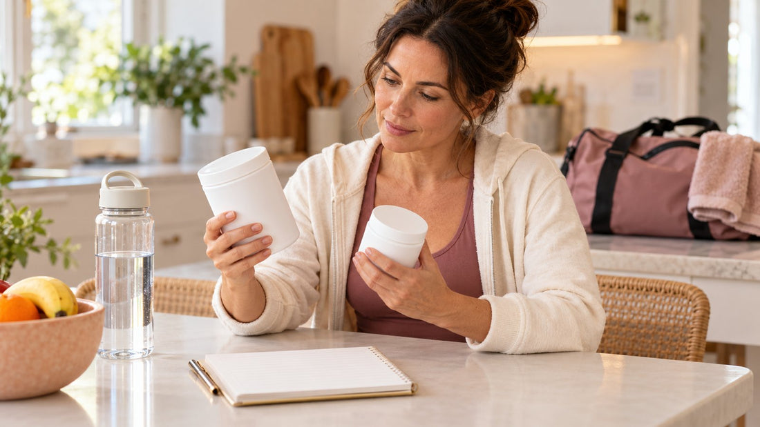 Woman considering two unbranded containers beside water and a notebook before pairing supplements