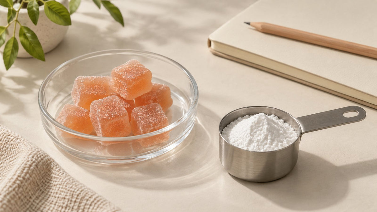 Generic gummies and powder illustrate the creatine gummies testing checklist; not a product or serving comparison