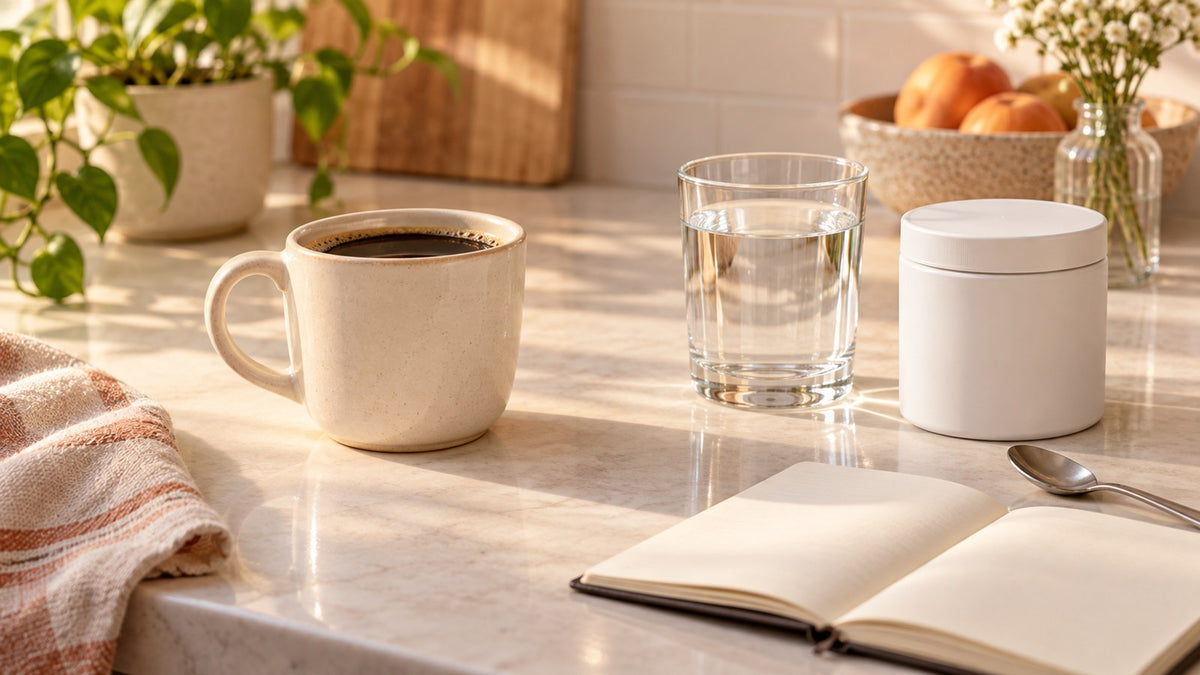 Coffee and a separate glass of water beside an unlabeled container illustrate checking preparation directions