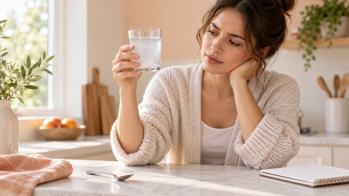 Woman checking a cloudy glass for a creatine not dissolving question