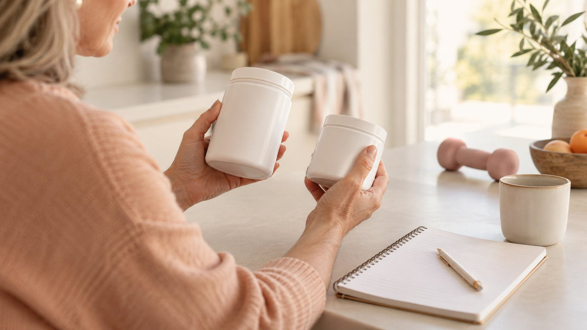 Woman reviewing two unbranded containers for a creatine vs collagen comparison