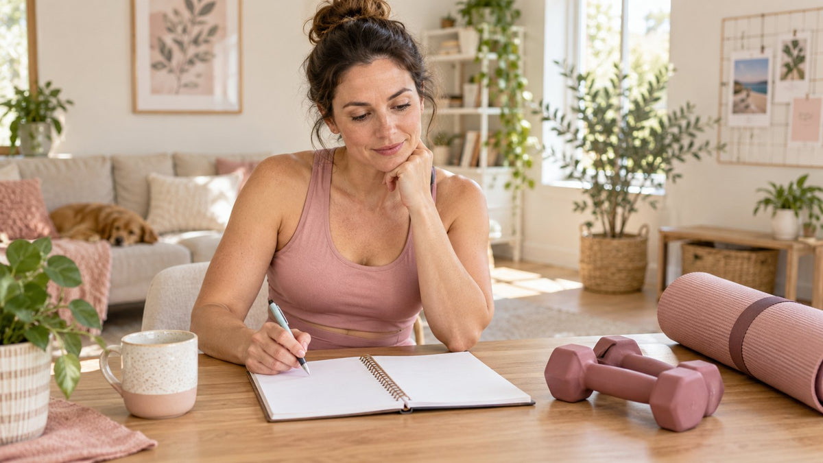 Woman planning an activity routine beside dumbbells while considering creatine without working out