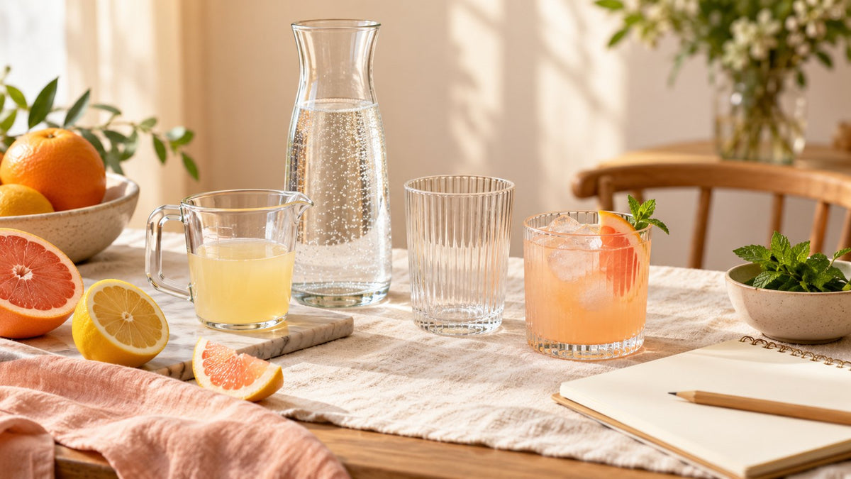 Mocktail sugar-content planning scene with separate juice and water pours and a notebook