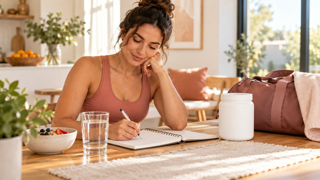 Woman planning a training routine with a notebook, water and an unbranded container