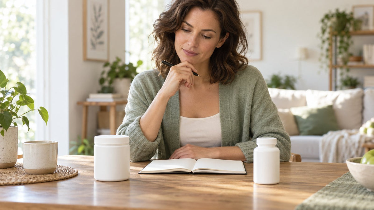 Woman reviewing two unbranded containers for an NMN and TMG pairing question