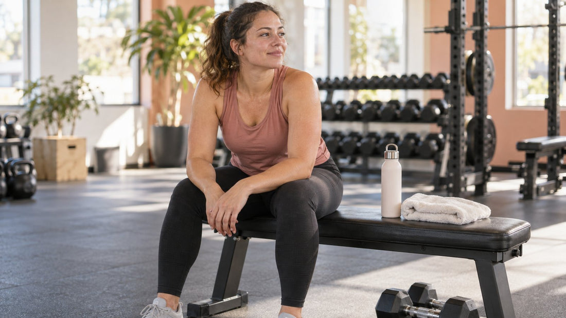 Woman resting after a workout with a towel and water bottle: creatine and sweating context