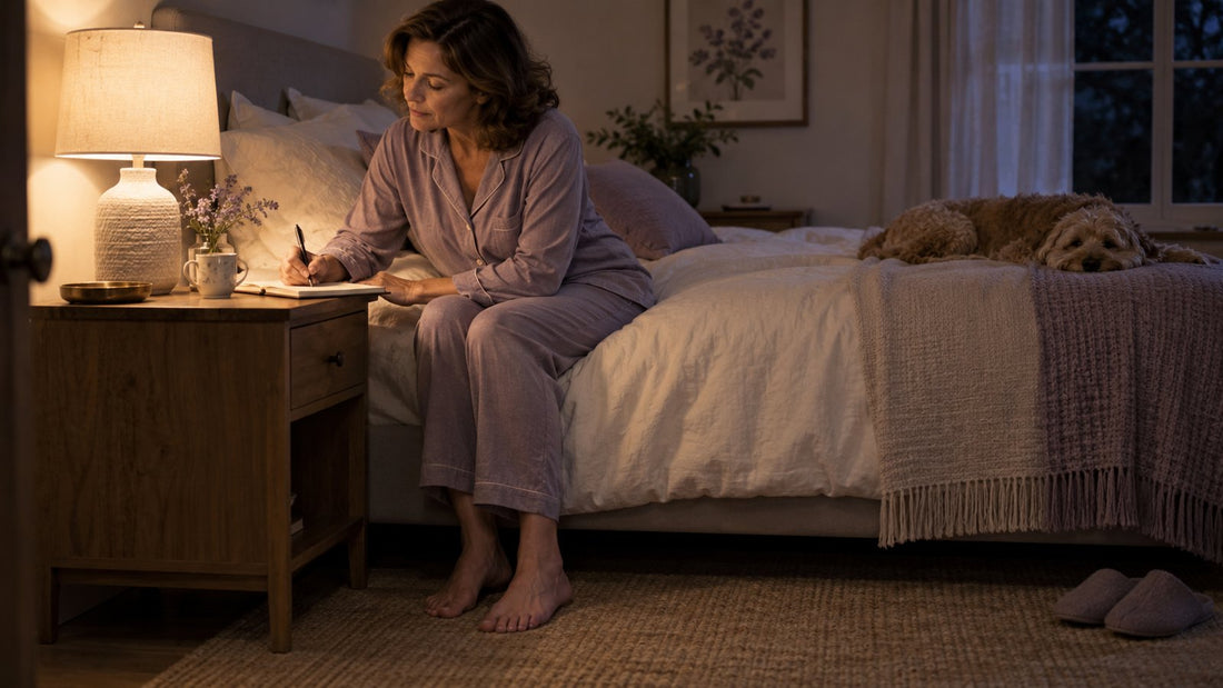 Woman making bedside notes about the timing of night leg cramps