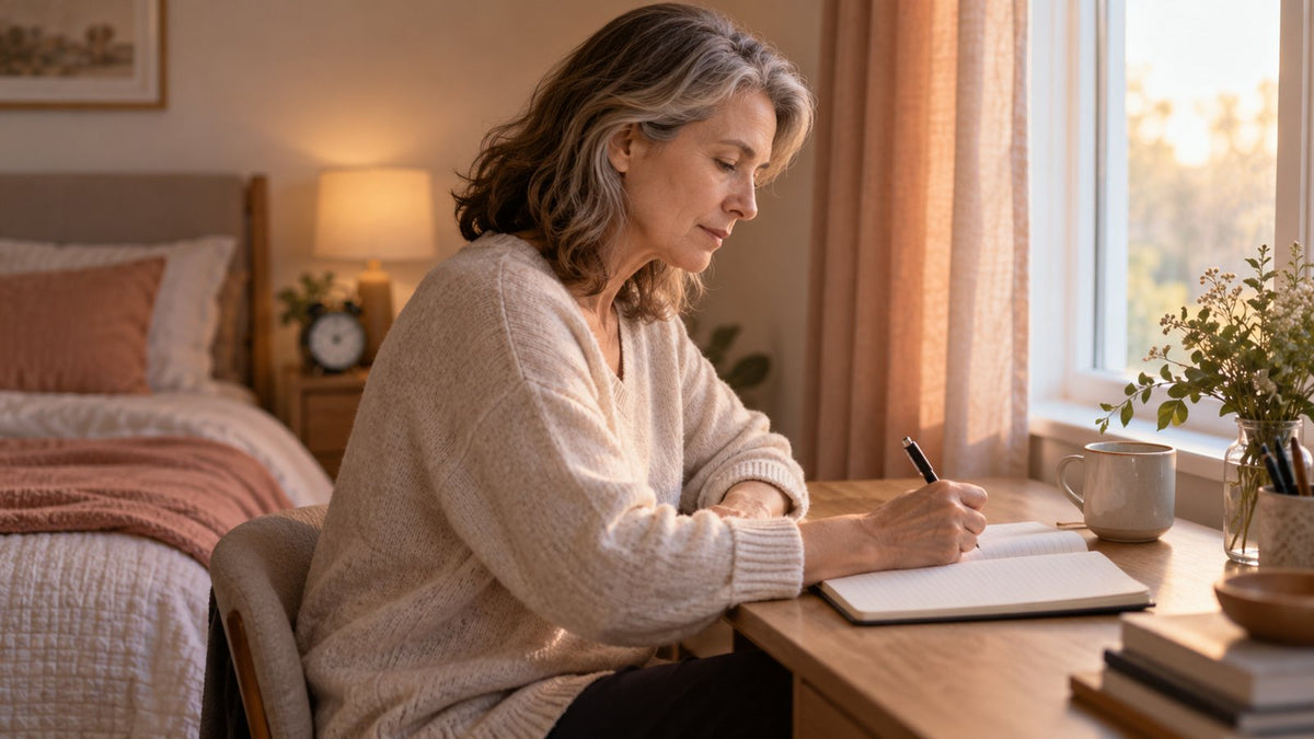 Woman recording sleep observations at a morning desk for an NMN sleep evidence question