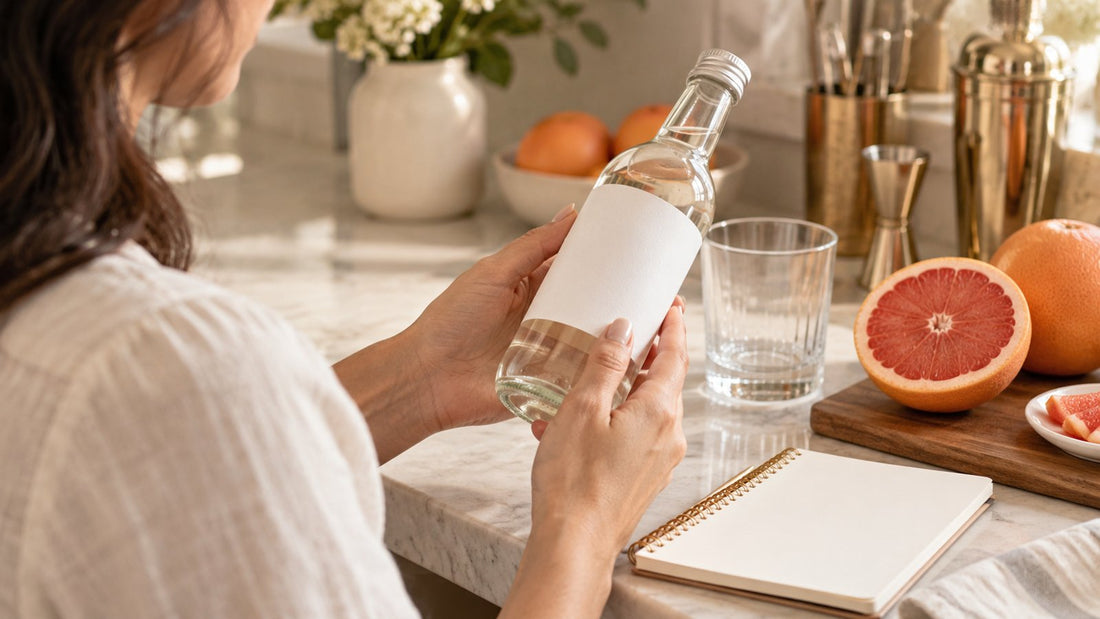 Hands checking an unbranded mixer beside grapefruit for a mocktail ingredient question