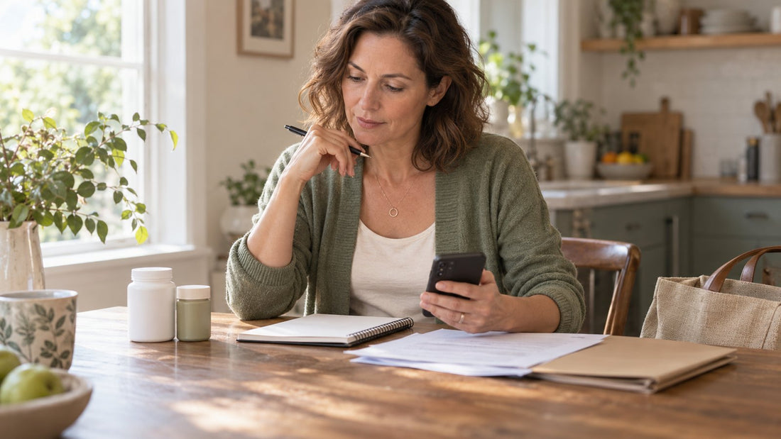 Woman gathering labels and notes about herbal supplements before surgery