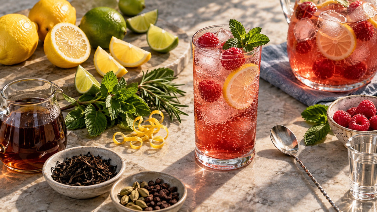 Raspberry citrus mocktail surrounded by lemon, lime, mint, rosemary, tea, spice, ice, and sparkling water