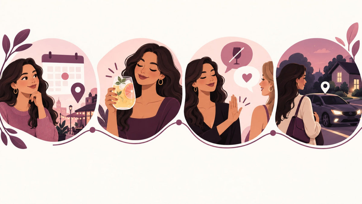 Four connected scenes showing an event plan, a sparkling alcohol-free drink, a friendly refusal, and a safe ride home