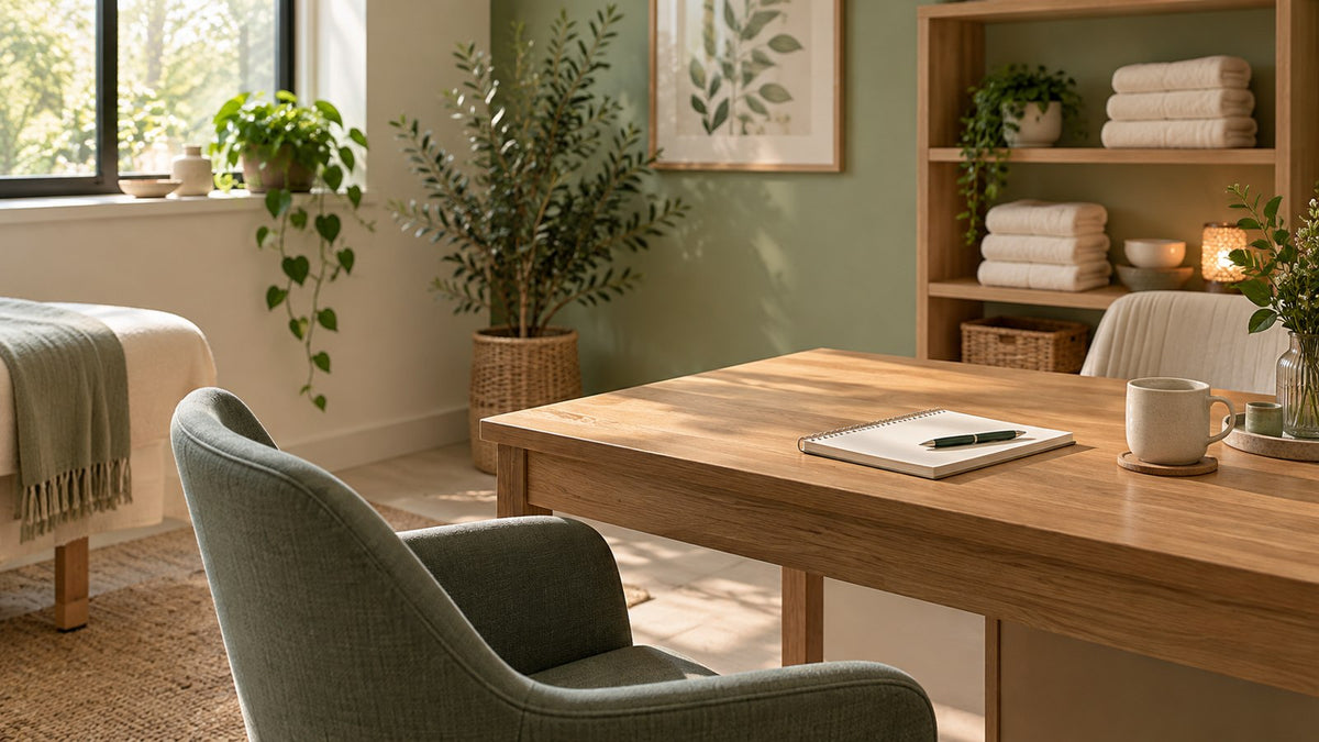 Consultation room with notebook for discussing lymphatic drainage massage expectations