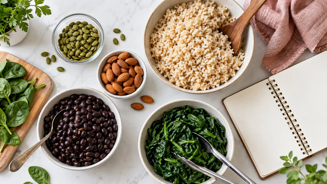 Pumpkin seeds, almonds, beans, rice and spinach arranged beside a meal-planning notebook