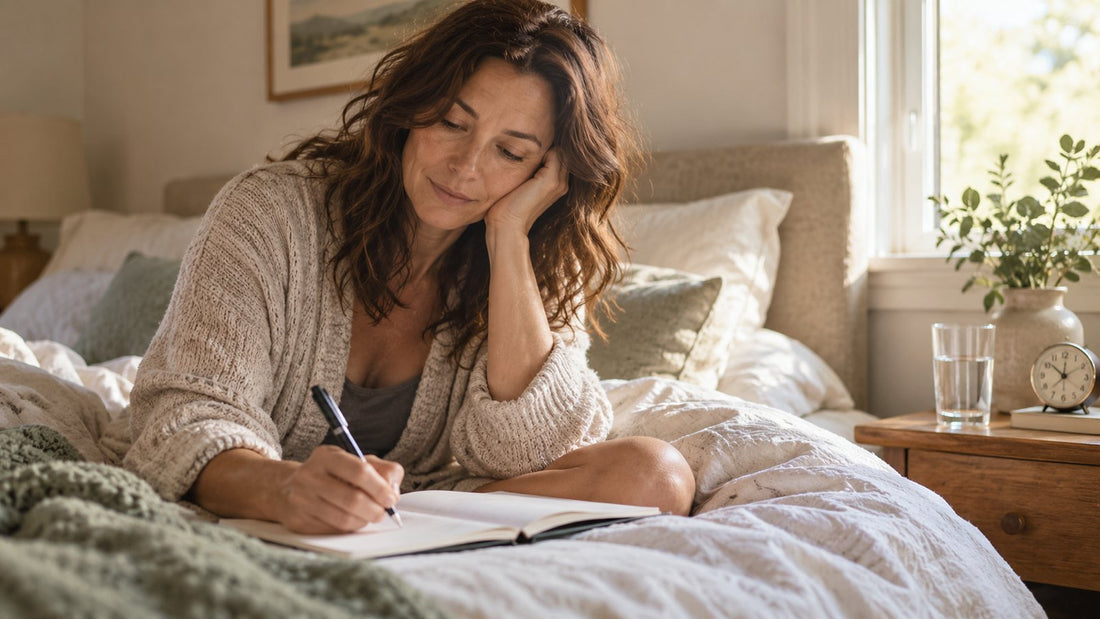 Woman writing a morning change log to put magnesium vivid dreams in the context of her night and next day