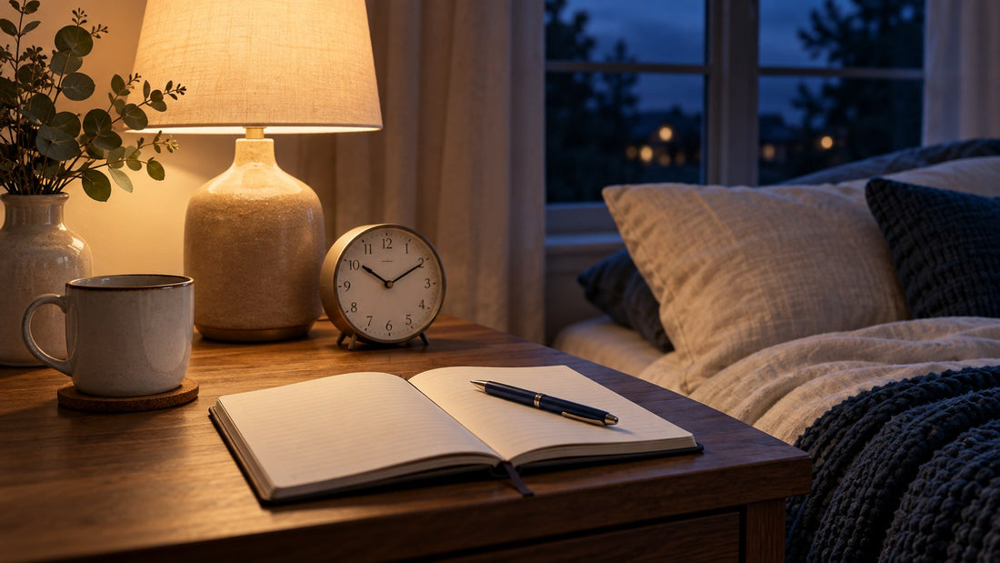 Notebook and clock illustrating recording sleep patterns before comparing magnesium and melatonin