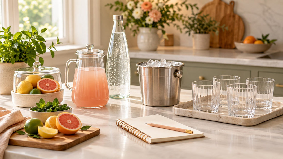 Make-ahead mocktail station with separate base, sparkling mixer, ice and glasses