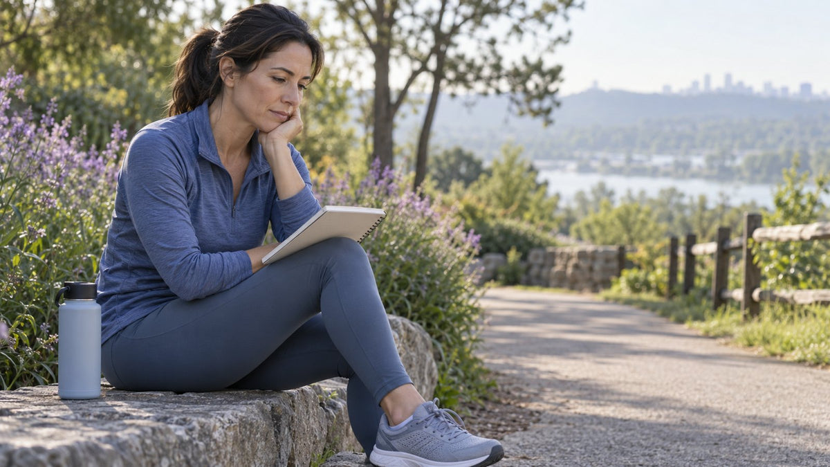 Woman considering NMN exercise endurance evidence with a notebook beside a park path