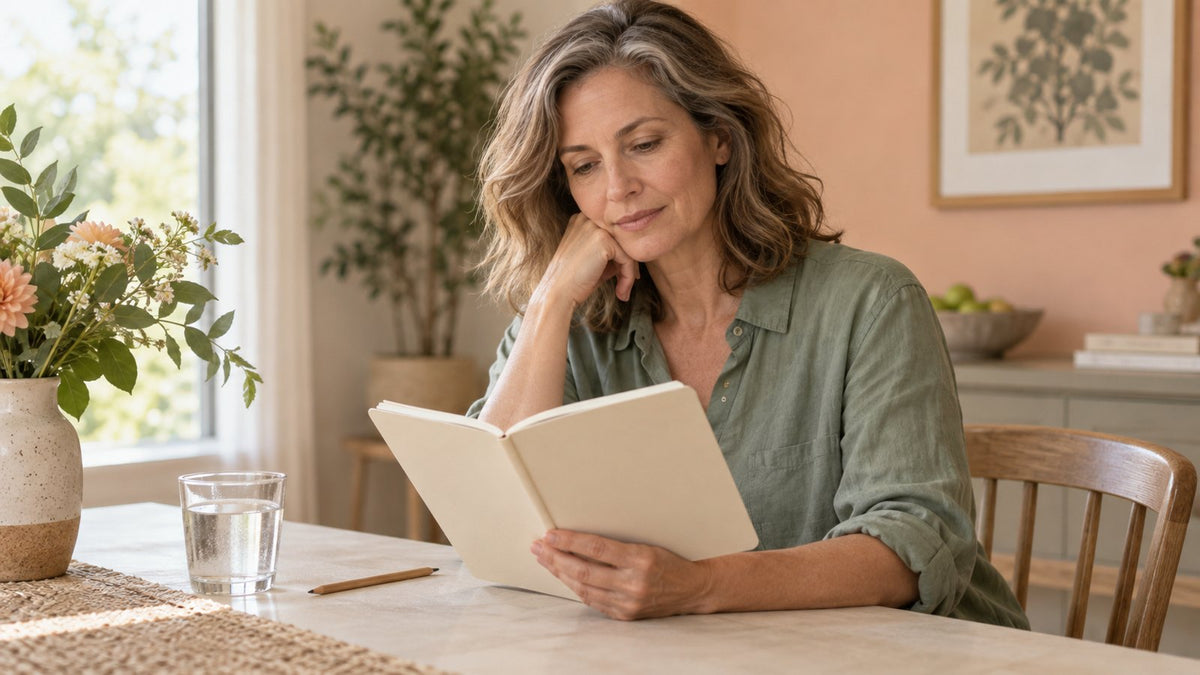 Illustration of a midlife woman reviewing information for an NMN for menopause decision