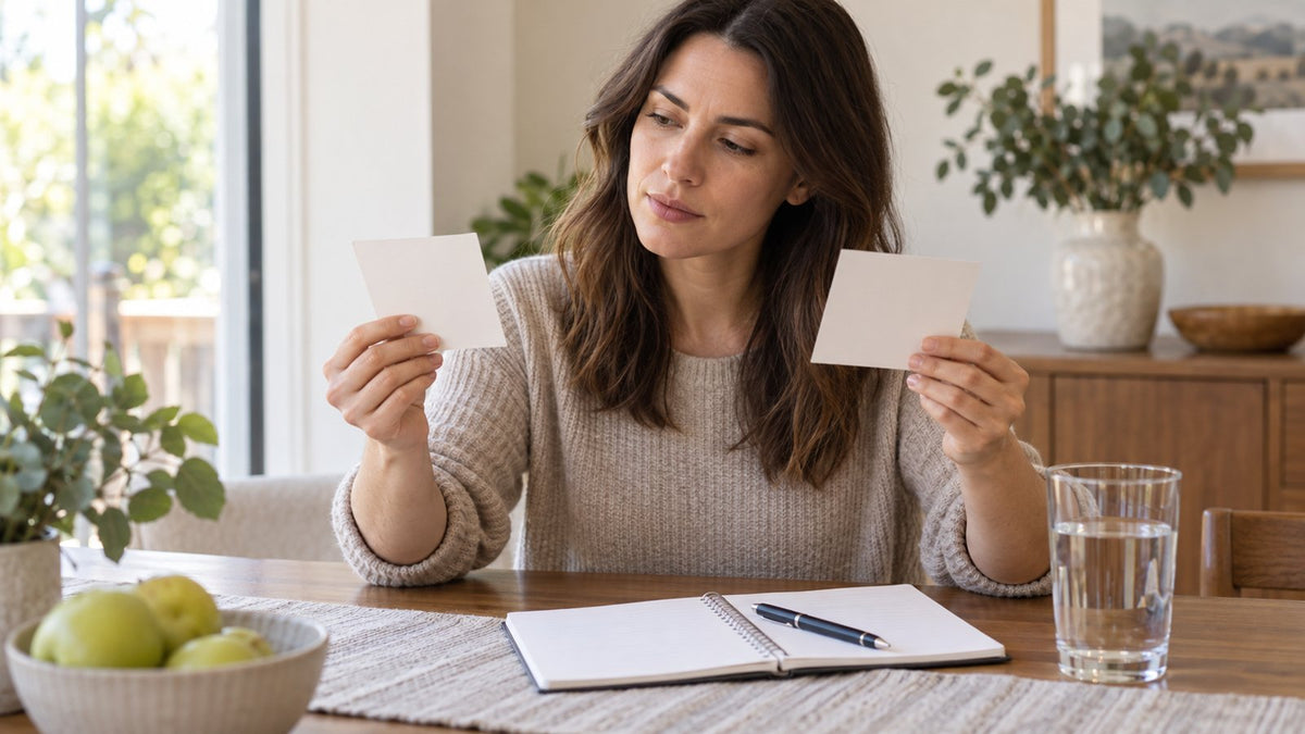 Woman comparing ingredient information for an NMN vs niacinamide decision