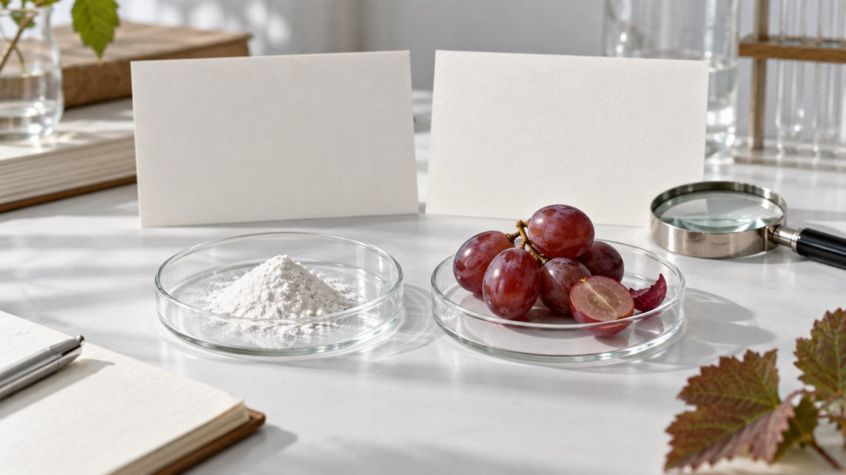 Editorial still life of an illustrative powder and grapes beside blank research cards