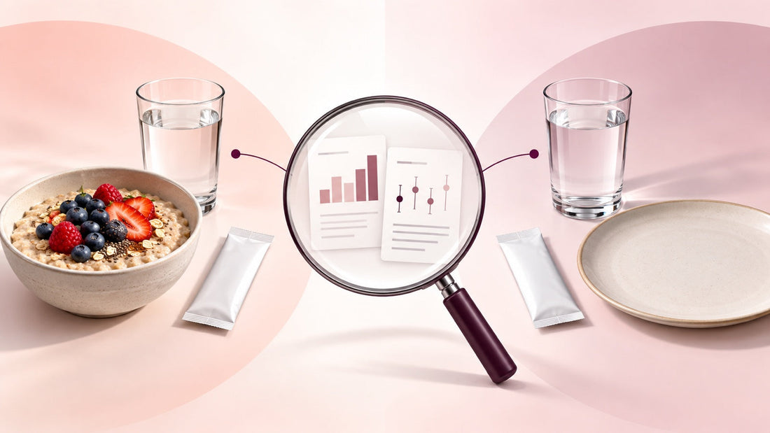 Split breakfast and empty-place-setting illustration connected to clinical-study cards by a magnifying glass