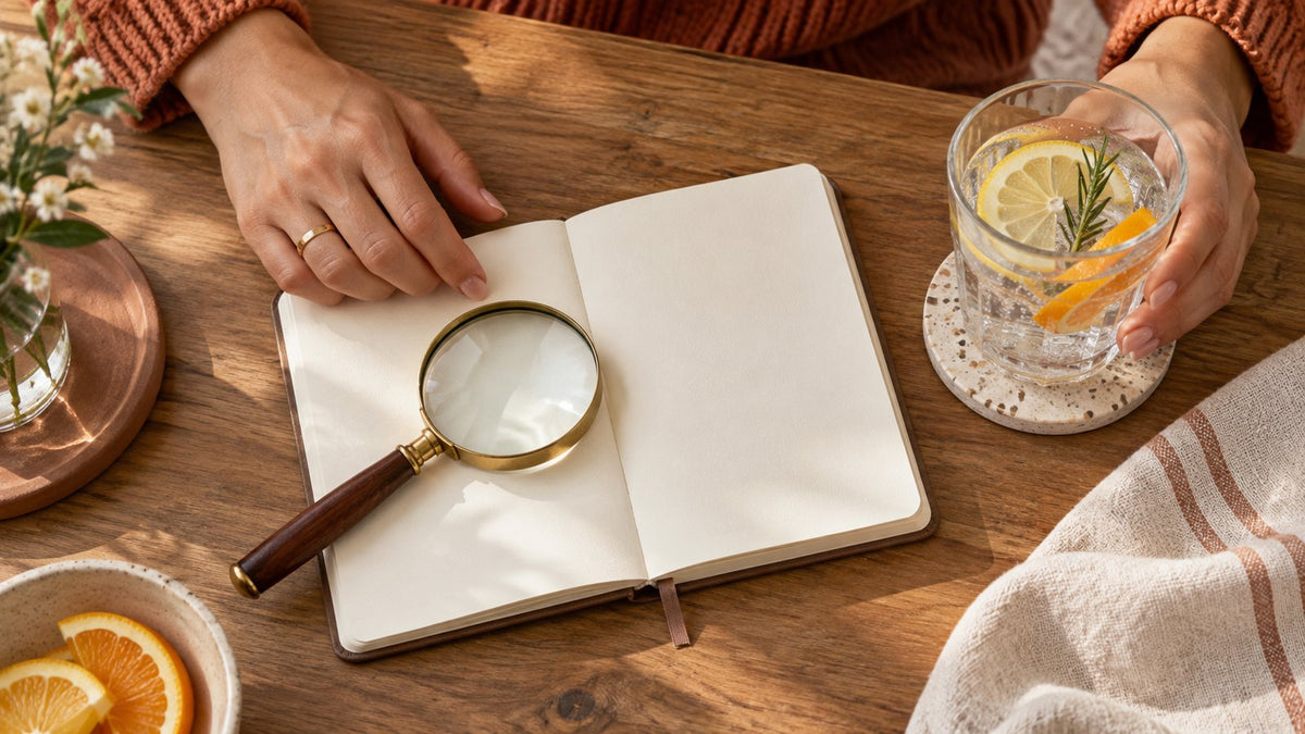 Illustrative preparation for a non-alcoholic beverage label check with a notebook and magnifying glass