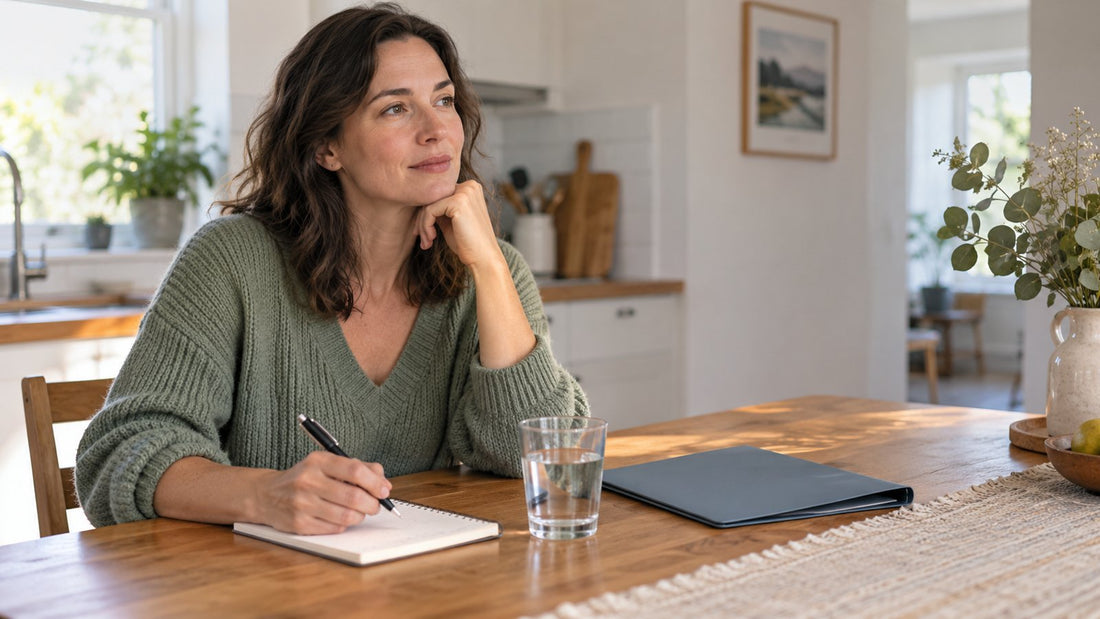 Woman preparing questions about a normal magnesium blood test at a kitchen table