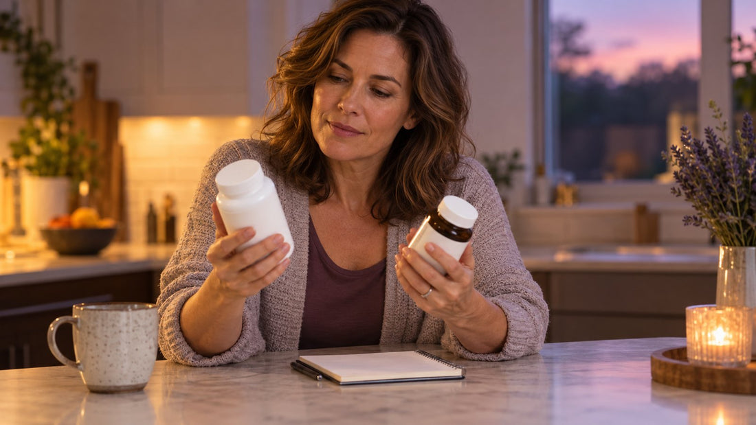 Woman comparing containers while reviewing a sleep supplement stack