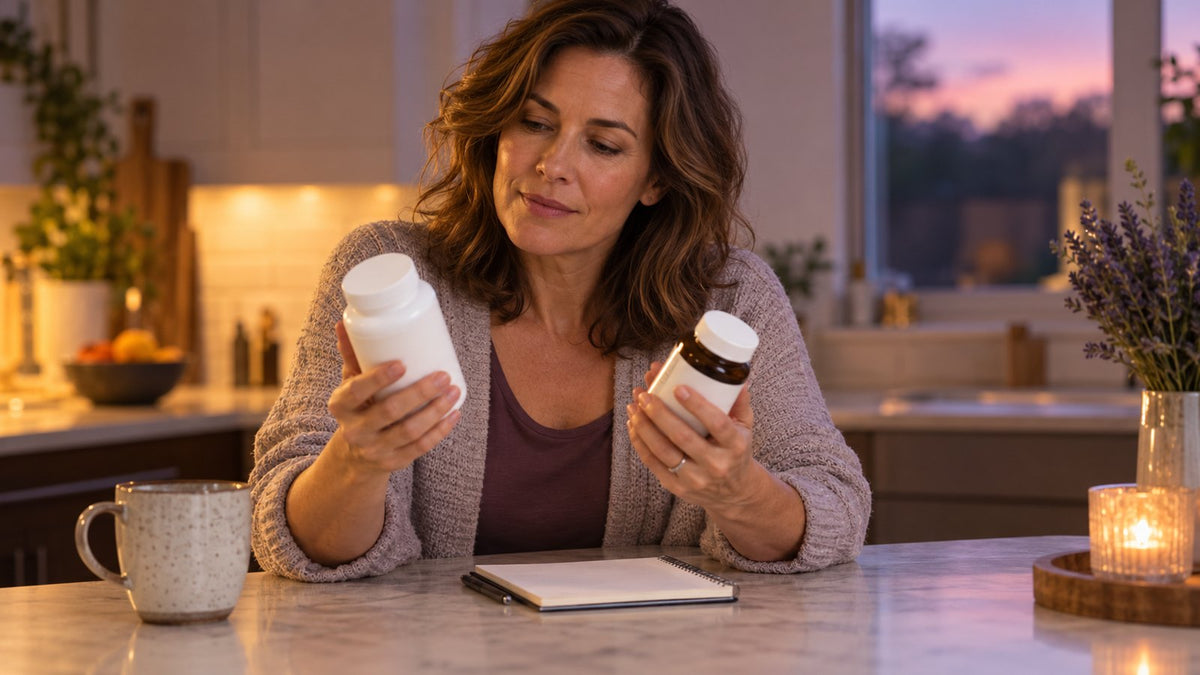Woman comparing containers while reviewing a sleep supplement stack