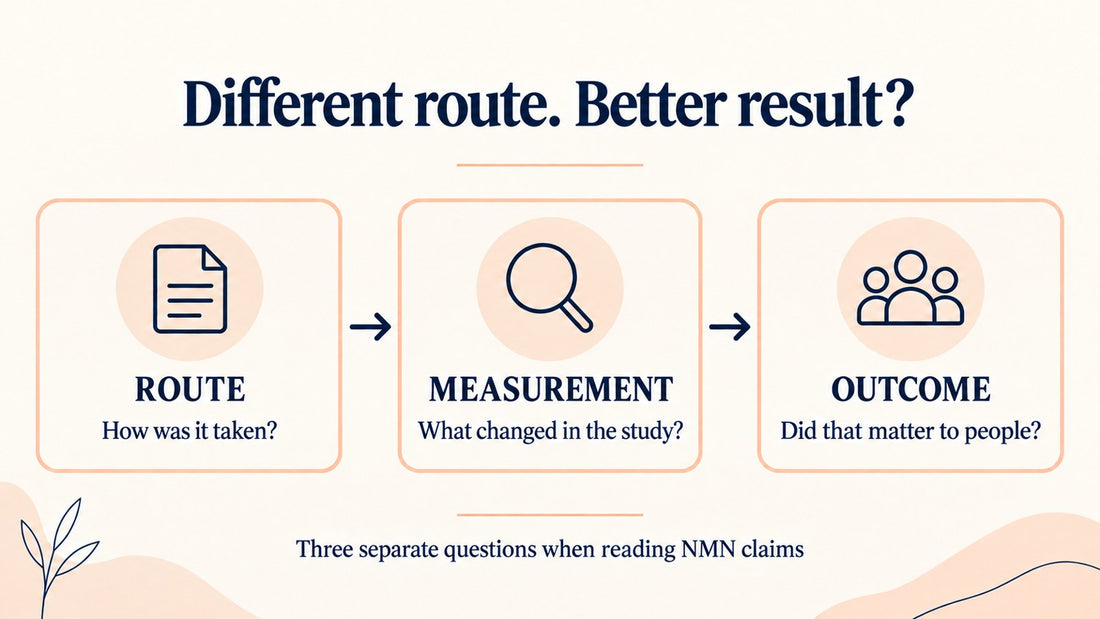 Sublingual NMN claims separated into route, measurement and outcome questions