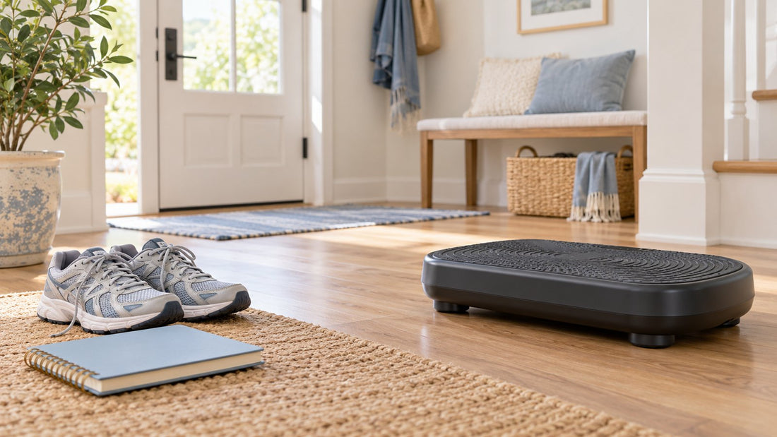 Walking shoes and an unbranded vibration plate illustrate a choice of everyday activity tools