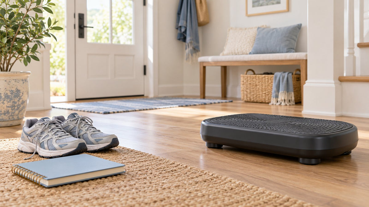 Walking shoes and an unbranded vibration plate illustrate a choice of everyday activity tools