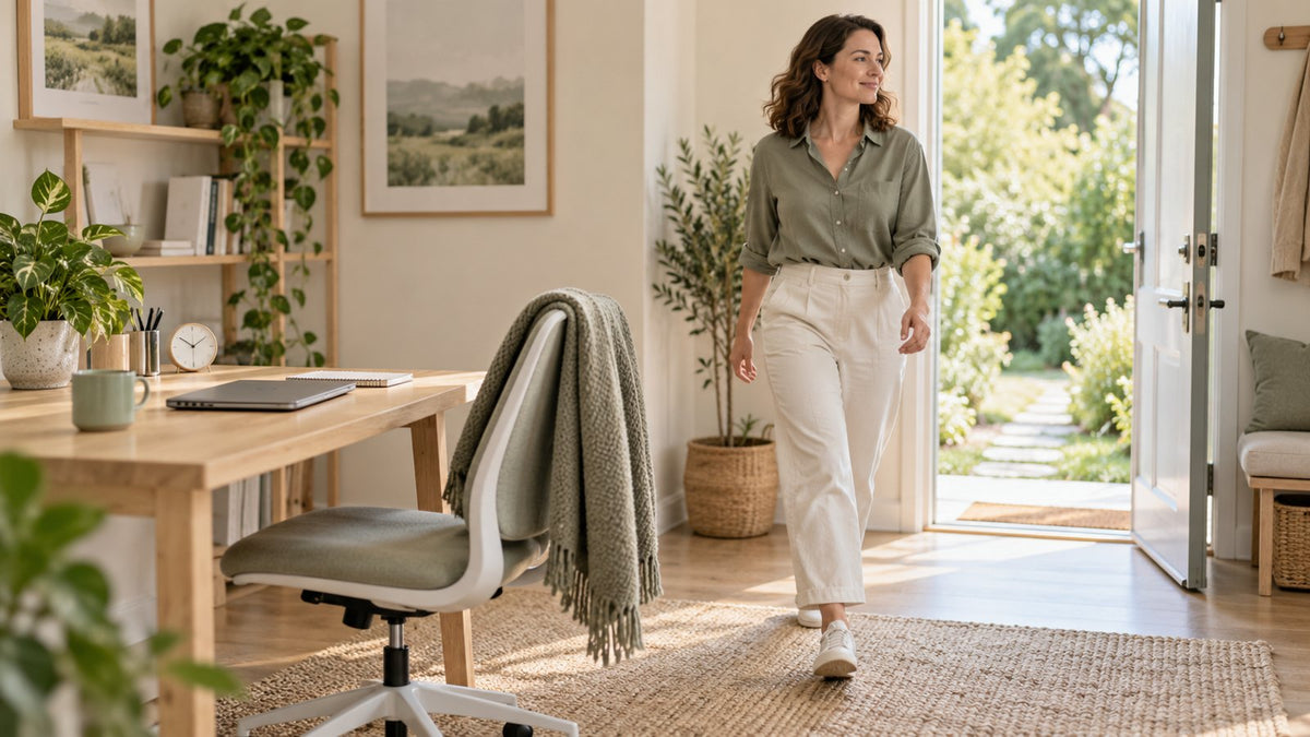 Woman stepping away from her desk to illustrate walking breaks at work
