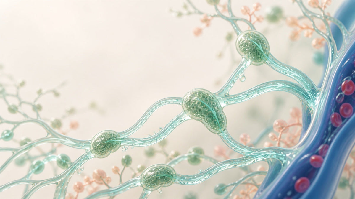 Conceptual visualization of translucent lymph-like channels passing through node-like filters before joining a blood vessel