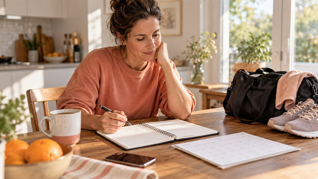 Woman reviewing a training notebook and calendar while considering a return to her strength routine after a creatine break