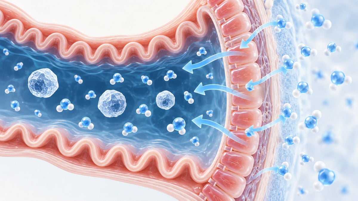 Conceptual intestinal cross-section showing water moving toward unabsorbed mineral particles in the gut
