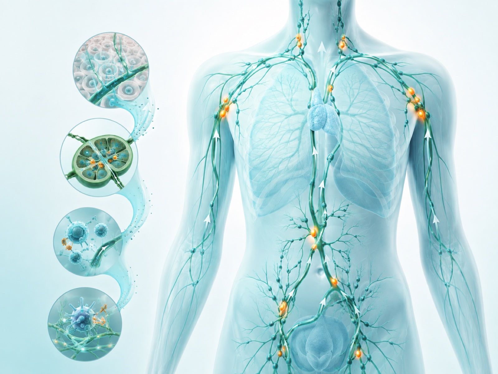 Educational illustration of lymph vessels, filtering lymph nodes, and upward lymph flow through the human body