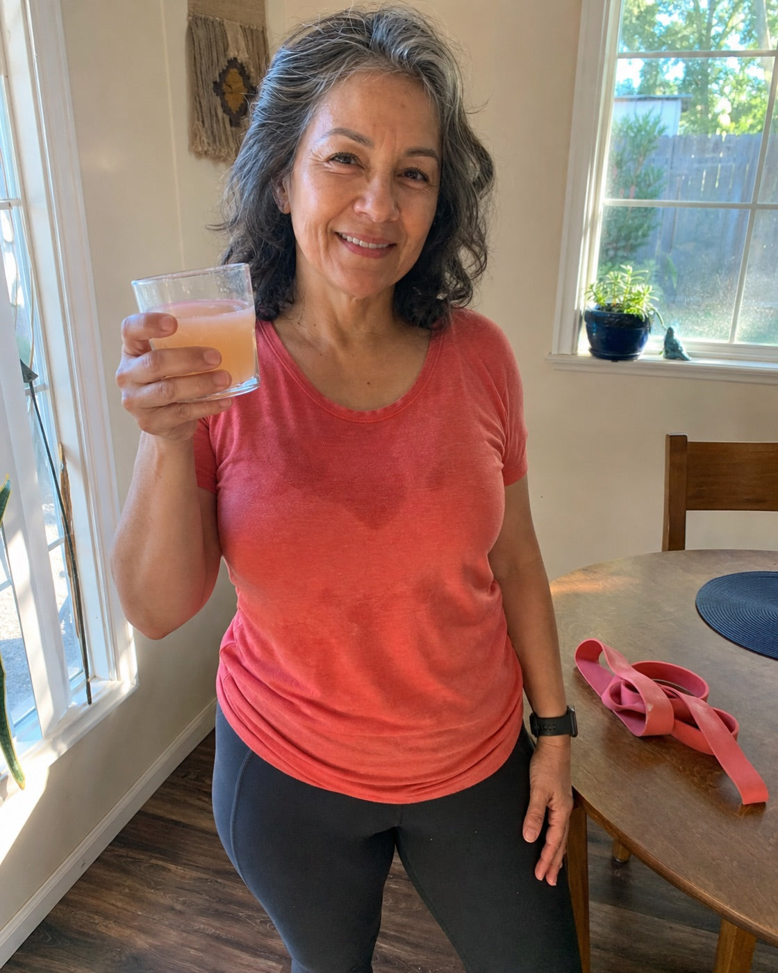 Elena with her daily peach drink
