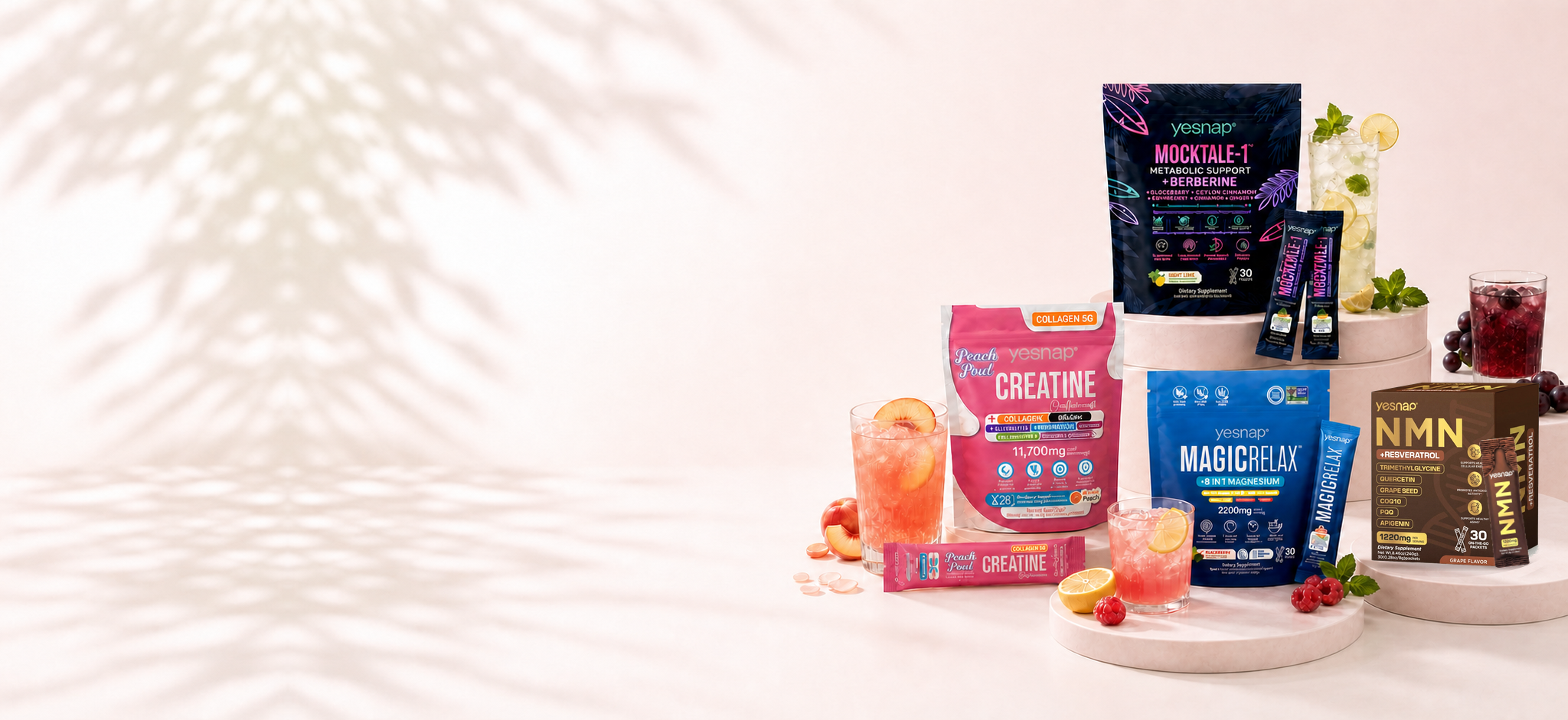 The Yesnap daily ritual system with Mocktale-1, Peach Pout Creatine, Magic Relax, and NMN