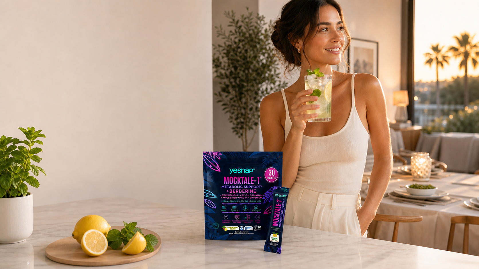 Woman enjoying a lemon-mint Mocktale-1 before dinner