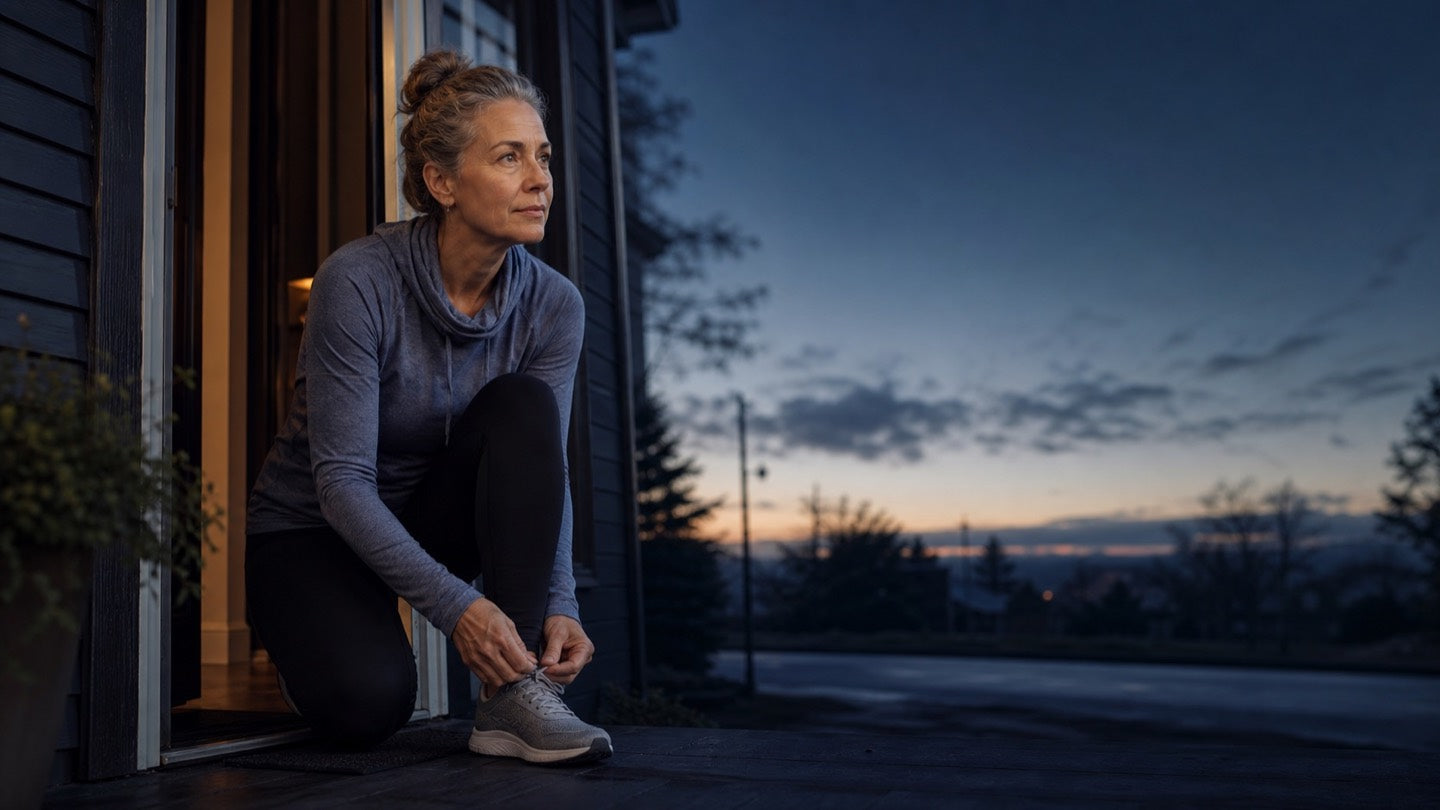 Woman preparing for a morning walk before sunrise